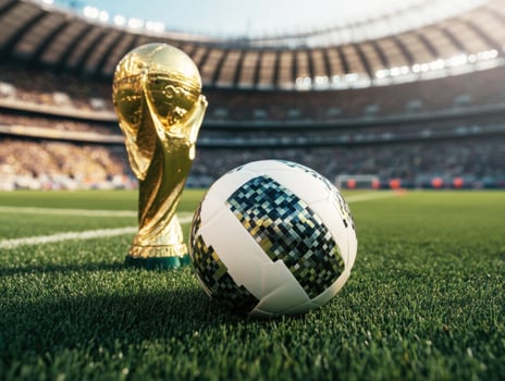Soccer World Cup trophy next to a match ball on the field photo