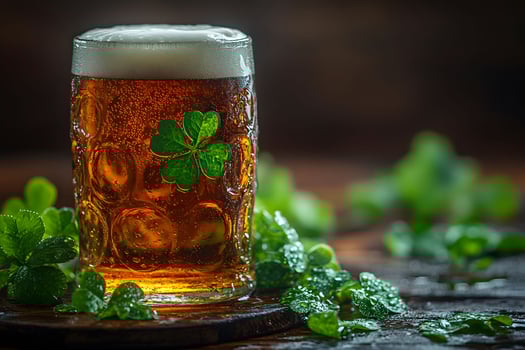 St. Patrick's Day Celebration with Clover-Adorned Beer Mug in Rustic Setting photo