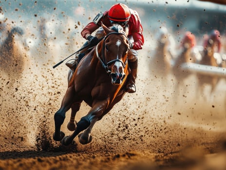 Intense horse racing action at the track during a sunny day photo