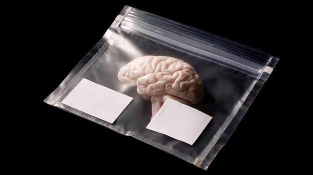 Detailed view of a preserved animal brain inside a clear plastic bag for educational use at a science exhibition photo
