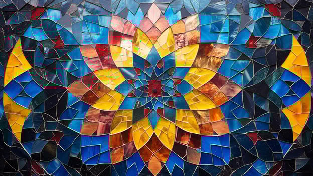 A stunning mosaic design showcases an intricate arrangement of bright colors and shapes. The artwork presents a blend of blue, yellow, and red tones, evoking a lively and artistic ambiance. photo