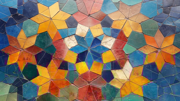 Brightly colored tiles form an intricate mosaic pattern featuring geometric shapes and a variety of hues. This artwork exemplifies abstract decoration, enhancing the surrounding space. photo