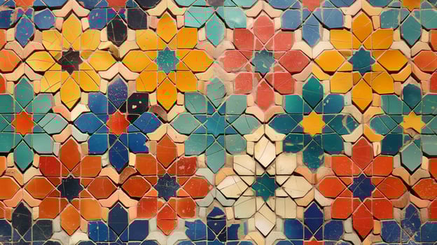 This vivid mosaic showcases a collection of colorful floral patterns created with tiles. photo