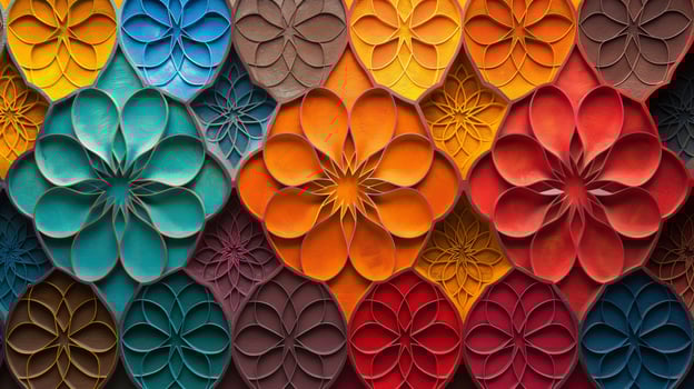 This vibrant abstract mosaic displays a variety of floral designs in rich colors, including blue, orange, and red, adding depth and texture to the artistic composition. photo