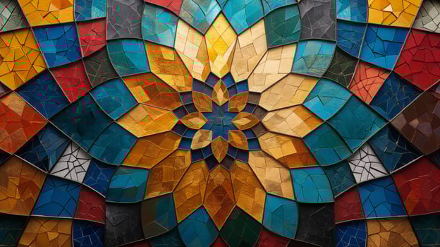 This artwork features a detailed abstract mosaic design with vibrant colors, including blues, oranges, and yellows. photo