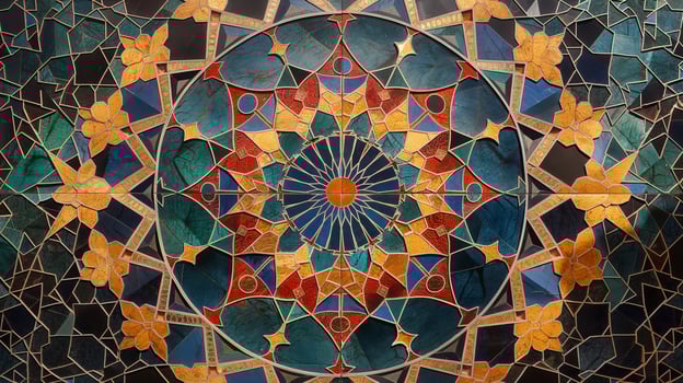 A stunning abstract mosaic features vibrant colors and geometric patterns, creating a mesmerizing visual experience. The artwork blends blue, green, and orange hues in a symmetrical arrangement. photo