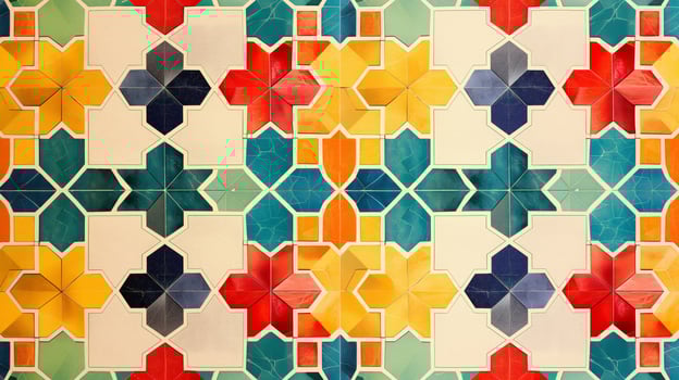 Colorful geometric shapes create a stunning mosaic pattern, reflecting intricate artistry and design. The vibrant hues of yellow, blue, red, and green come together to captivate the viewer. photo