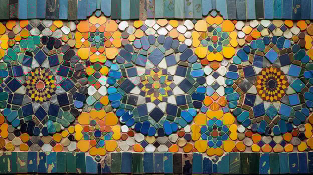 This artwork showcases a vibrant mosaic composed of diverse materials, displaying intricate patterns in blue, yellow, and orange. The harmonious design captures attention through its abstract style. photo