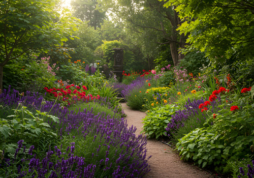 A path that is surrounded by a lot of flowers photo