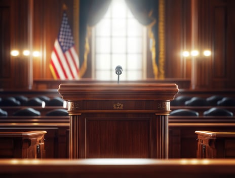 Courtroom with wooden podium and American flag on display photo