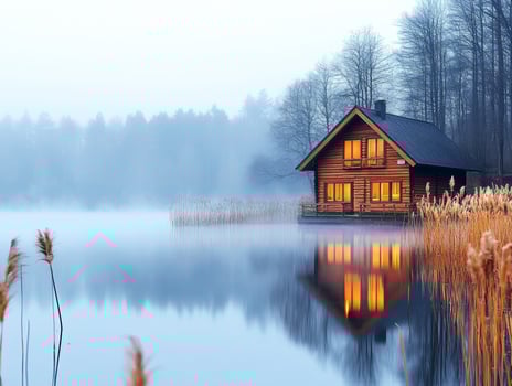 Cozy wooden cabin by the serene lake during foggy morning photo
