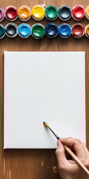Artist perspective. Preparing to paint on a blank canvas with colorful paints photo