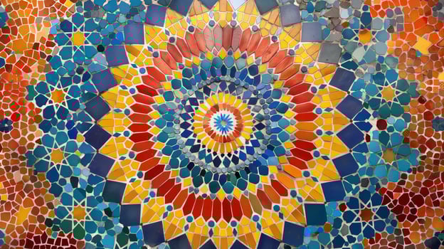 A vibrant mosaic pattern features intricate designs and vivid colors, creating an abstract background. The artwork combines shades of blue, yellow, red, and orange for a captivating visual experience. photo