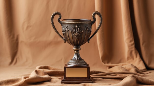 Bronze trophy resting on warm earthy fabric with intricate design photo