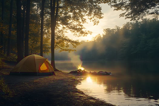 Serene Lakeside Camping at Sunset in Forest Setting for Outdoor Adventure and Relaxation photo