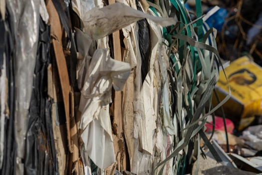 A close-up view reveals a mix of plastic and paper materials stacked together at a recycling center in an urban location under bright sunlight photo