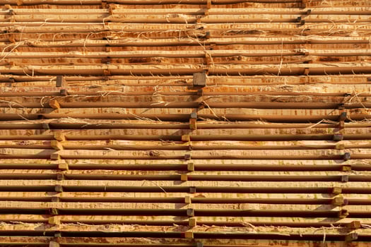 Construction workers use wooden scaffolding for support at a building site in daylight, showcasing teamwork and safety measures photo