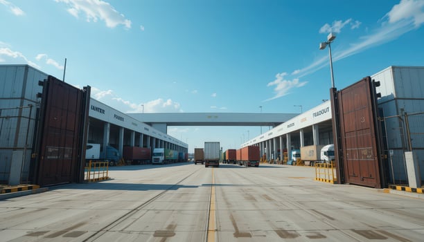 Busy Transportation Hub With Trucks and Shipping Containers Under a Bright Blue Sky photo