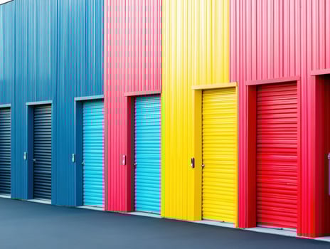 Colorful storage unit doors lined up in a row during daylight photo