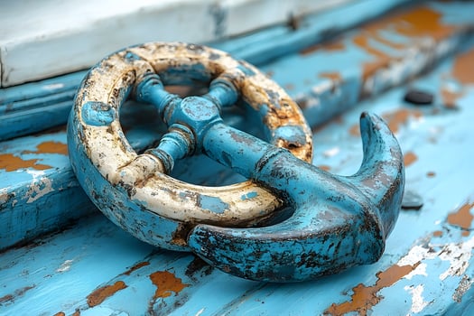 Rustic Nautical Anchor and Wheel on Weathered Blue Wooden Background for Coastal Decor photo