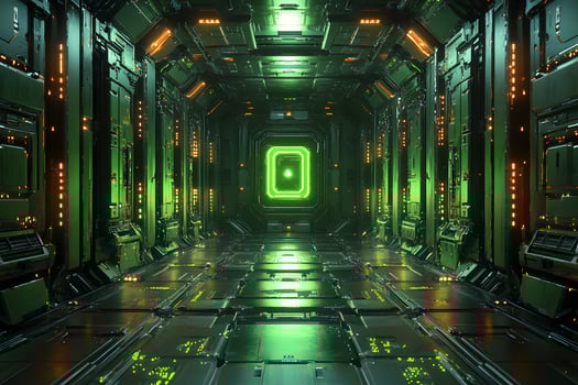 Futuristic Sci-Fi Corridor with Neon Green Lights Digital Background for Gaming Design photo