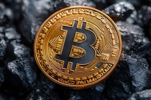 Bitcoin Cryptocurrency Concept with Gold Coin on Coal, Symbolizing Digital Economy and Blockchain Technology photo