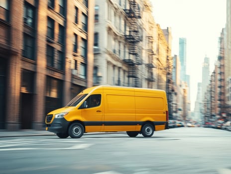 Yellow delivery van drives through urban street during daylight photo