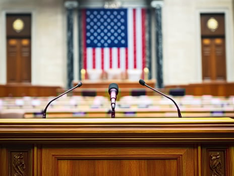 Podium prepares for political address in U.S. legislative chamber photo