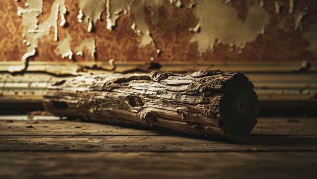Weathered log resting on rustic wooden floor photo