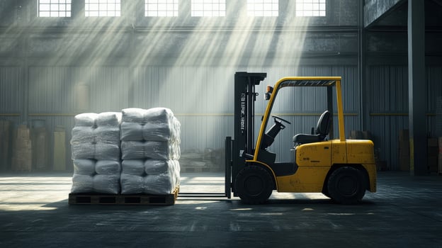 Yellow industrial forklift transports pallet of white bags in sunlit warehouse with dramatic light and shadows highlighting machinery photo
