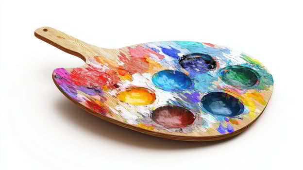 Wooden painting palette with colorful paint stains. photo