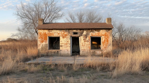 Abandoned Ranch House at Dawn, Dusty Plains Landscape photo