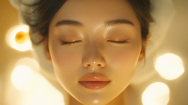 Close-up of a young woman's serene face in a spa setting. photo