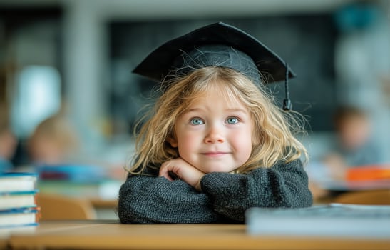 A young girl wearing a graduation cap sits at a desk photo