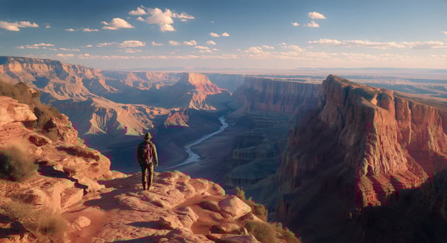 A man standing on the edge of a cliff overlooking a canyon photo