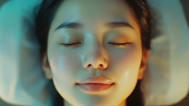 Close-up portrait of a serene woman's peaceful facial expression. photo