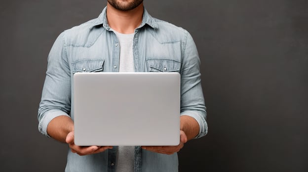 A man is holding a laptop computer photo