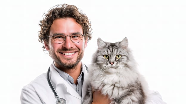 A man in a lab coat holding a cat photo