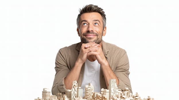 A man is looking up at a city with a city skyline photo