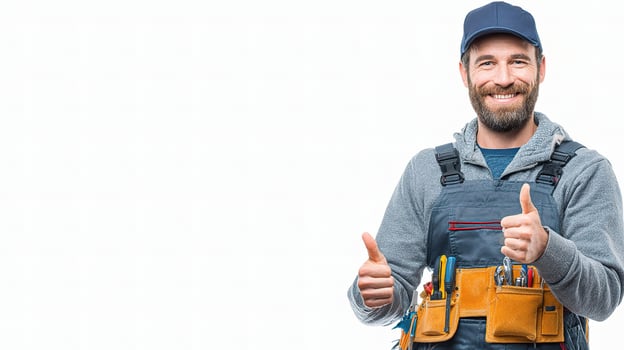 A man in overalls and a hat giving the thumbs up photo