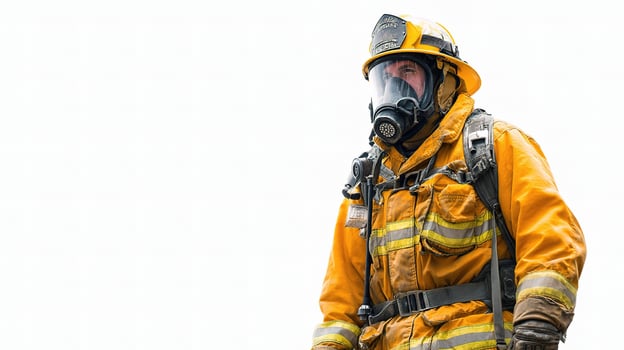 A firefighter in a yellow suit and gas mask photo