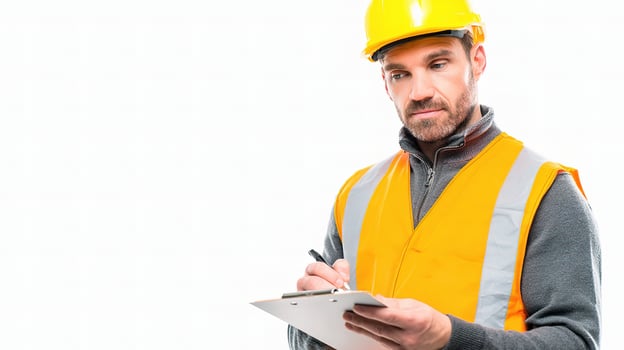 A man in an orange vest and hard hat holding a clipboard photo