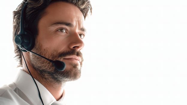 A man wearing a headset and a shirt photo