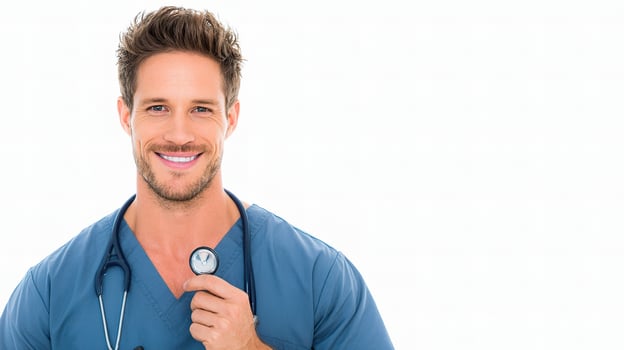A man in a blue scrub suit is holding a stethoscope photo