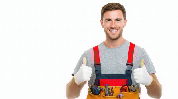 A man in overalls and apron holding a tool belt photo