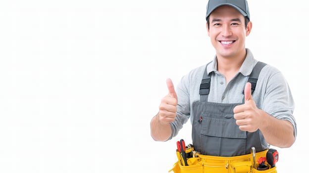 A man in a work uniform holding a tool belt photo