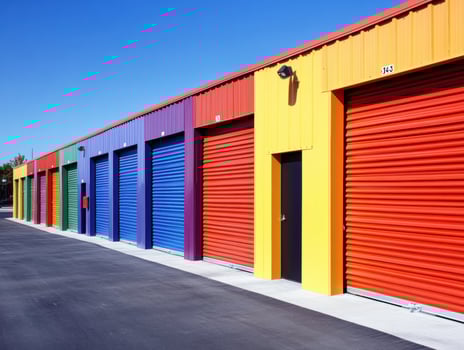 Colorful storage units arranged in a neat row under blue sky photo