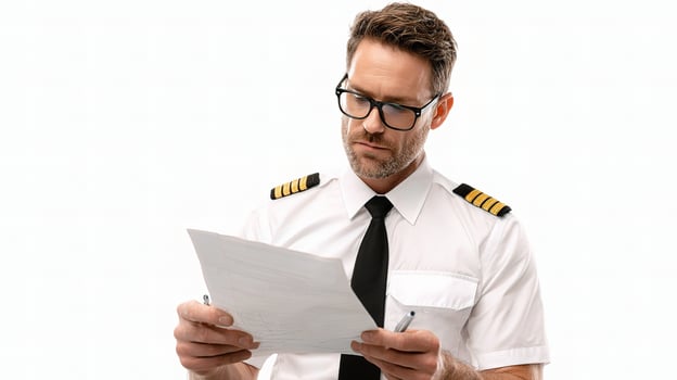 A man in a pilot uniform is holding a piece of paper photo