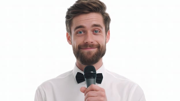 A man with a beard and bow tie holding a microphone photo