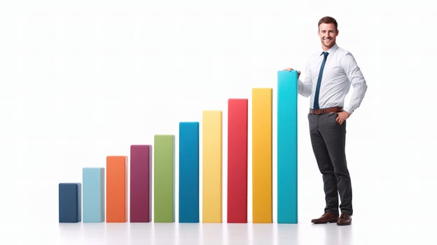 A man in a business suit standing next to a colorful bar chart photo